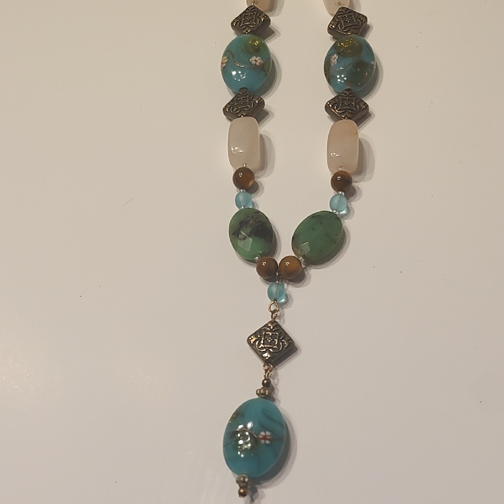 Turquoise and Green & Gold Glass Beaded Necklace
